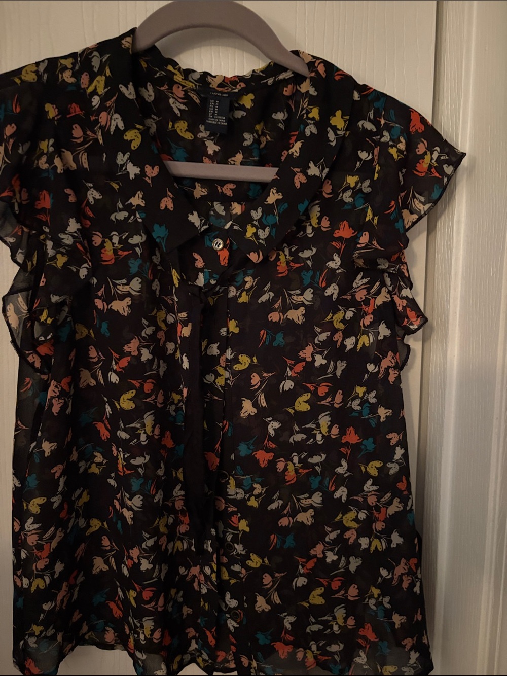 H&M Black Floral Print Ruffle-Sleeve Blouse